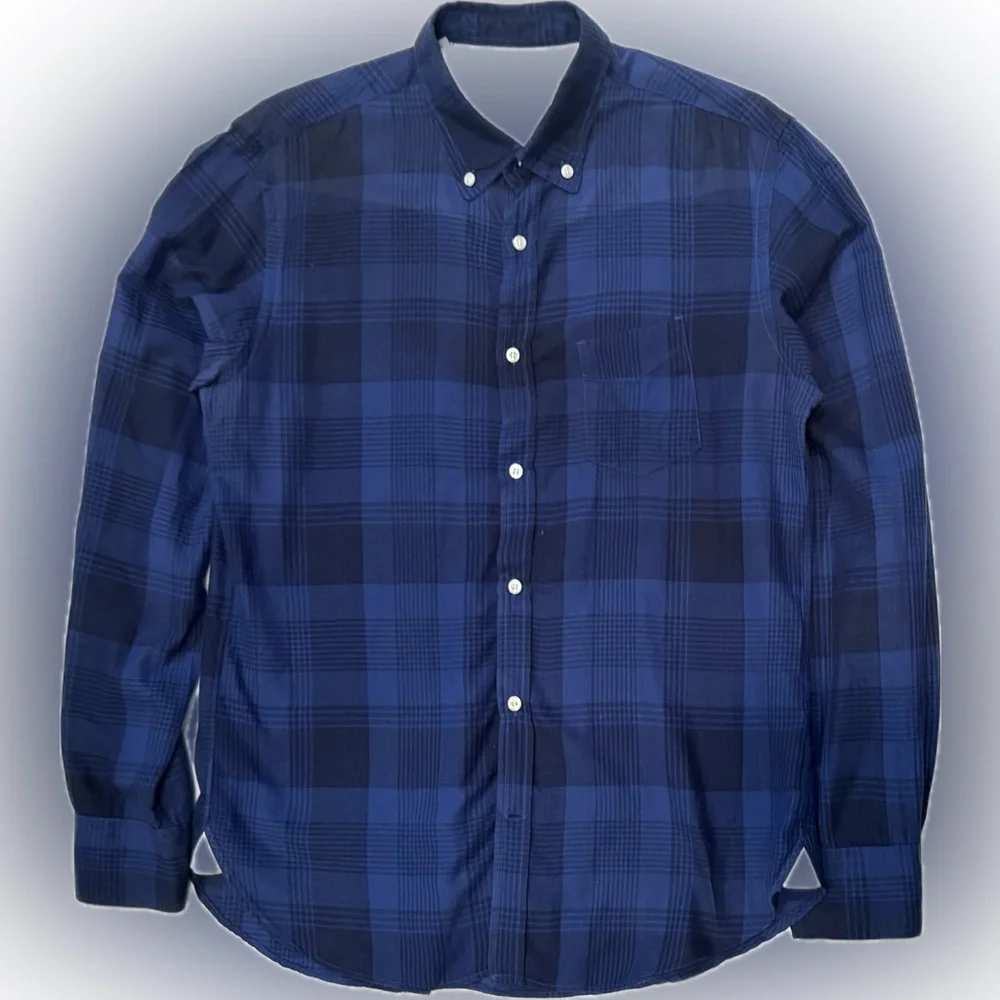 OFFICINE GENERALE BUTTON DOWN JAPANESE POPLIN SHIRT BLUE & BLACK PLAID MEDIUM - Picture 2 of 8